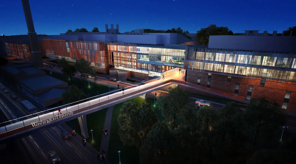 architect's rendering of Bryan Hall lit up at night with glass facade and new foot bridge over Forest Park Parkway