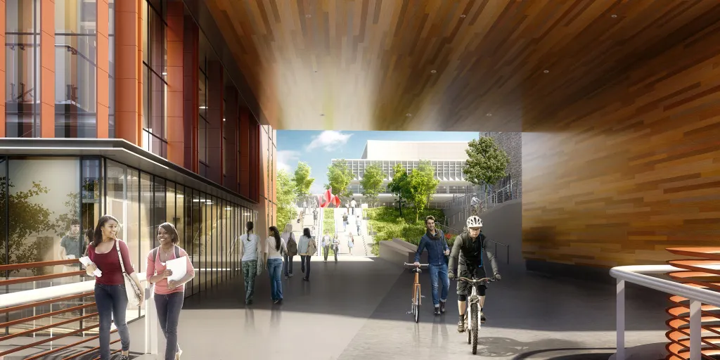 architect's rendering of Exterior of Bryan Hall where footbridge ends at tunnel