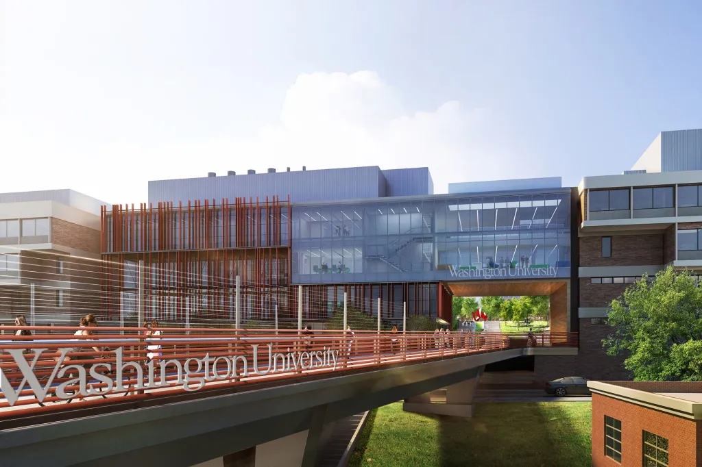 architect's rendering of new foot bridge over Forest Park Parkway with "Washington University" sign