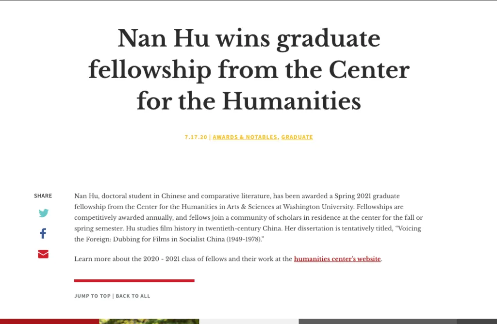 Nan Hu wins graduate fellowship from the Center for the Humanities