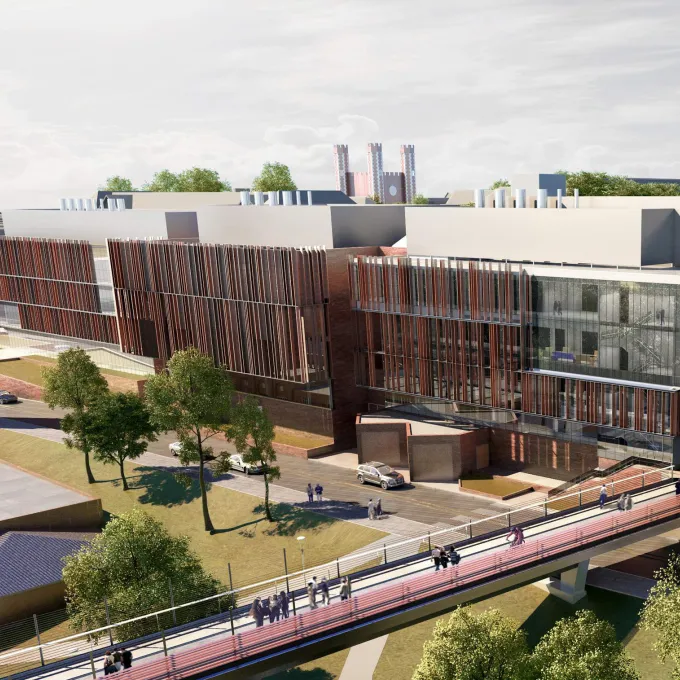 architect's rendering of Bryan Hall with glass facade and new foot bridge over Forest Park Parkway
