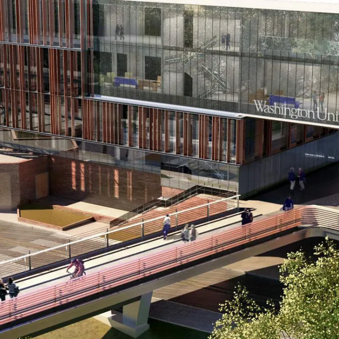 architect's rendering of Bryan Hall with glass facade and new foot bridge over Forest Park Parkway