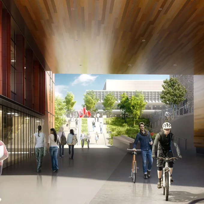 architect's rendering of Exterior of Bryan Hall where footbridge ends at tunnel