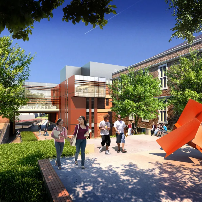 architect's rendering of Bryan Hall from a distance with modern sculpture