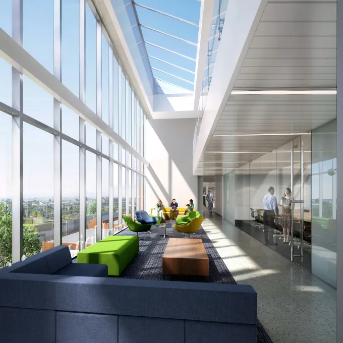 architect's rendering of Bryan Hall interior shows glass window wall, high ceilings, and lots of light